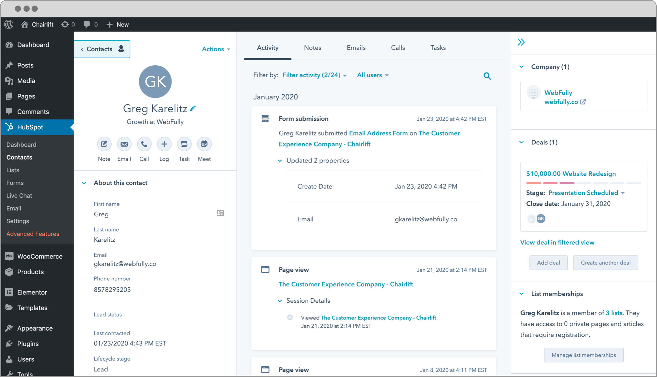 User Interface of HubSpot CRM WordPress Plugin