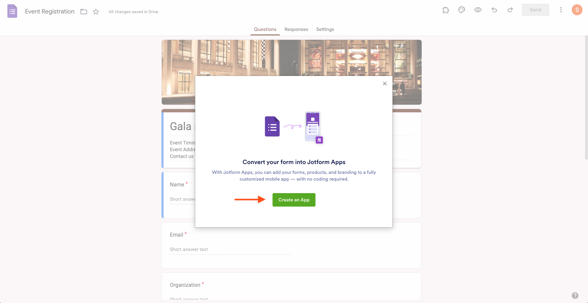 Clicking on the Create an App Button in Convert your form into Jotform App s Window 