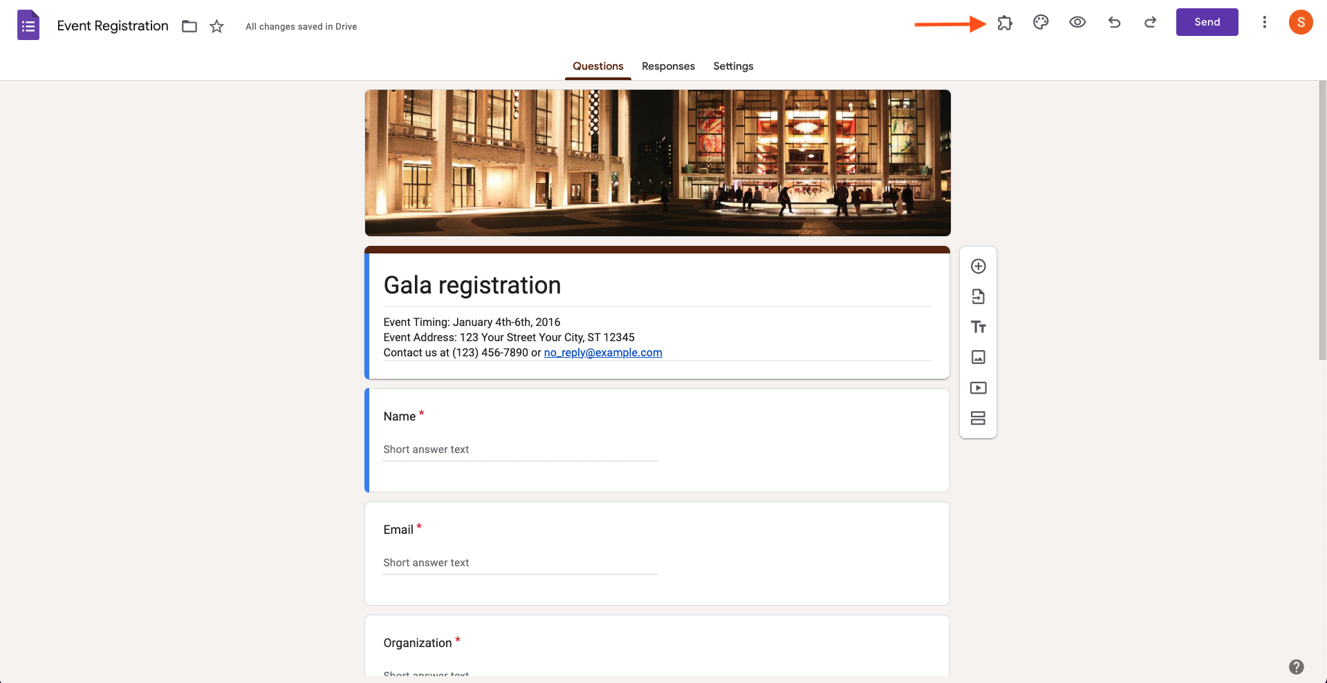 Event Registration Form Template in Google Forms Clicking on the Add-on Icon