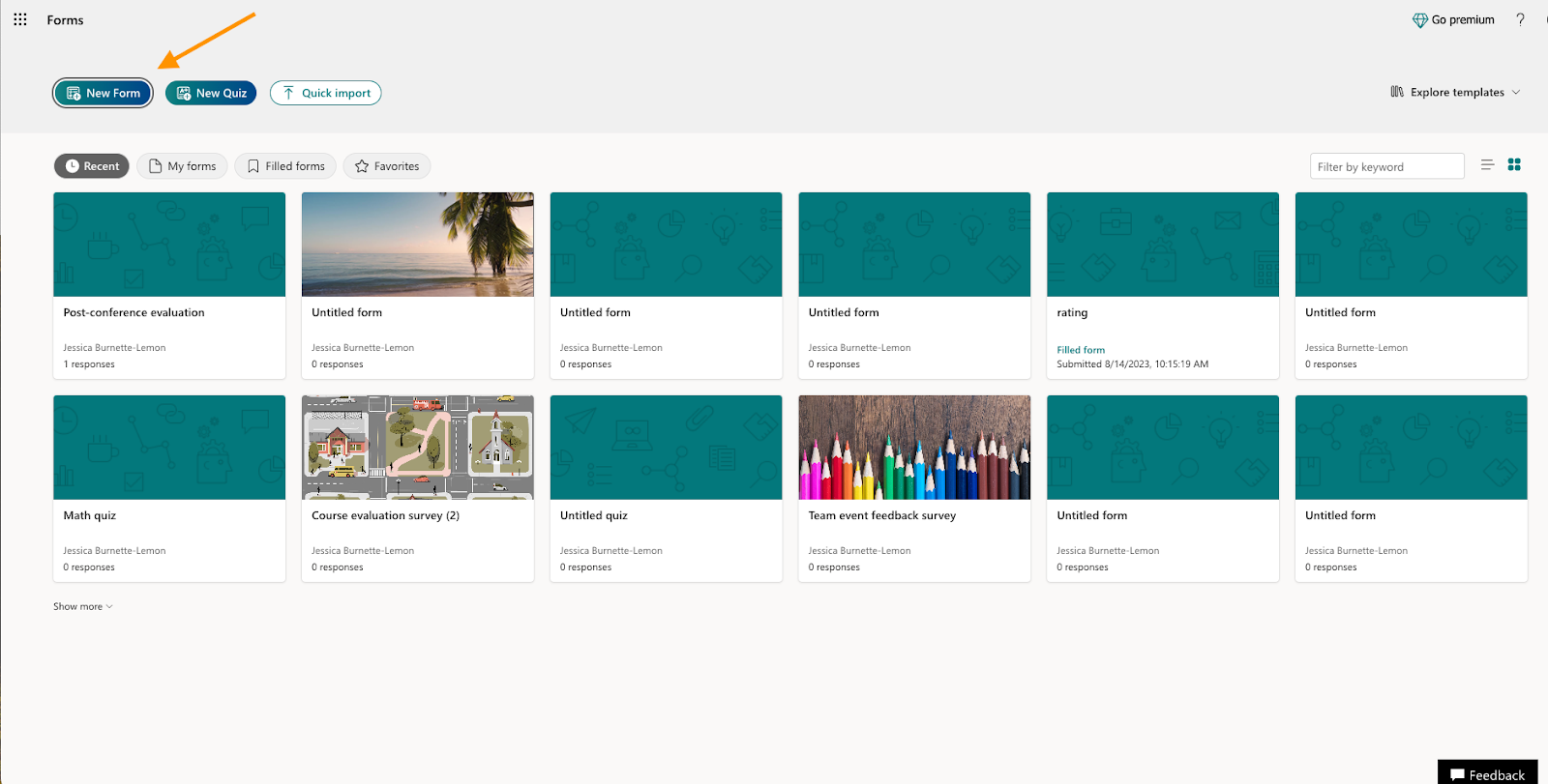 The image shows a user interface displaying a list of forms on a form builder platform