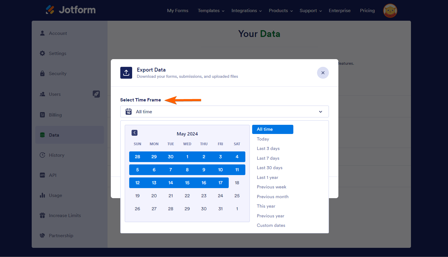 Desplegable de Seleccionar Período en la ventana de Exportar Datos en Jotform