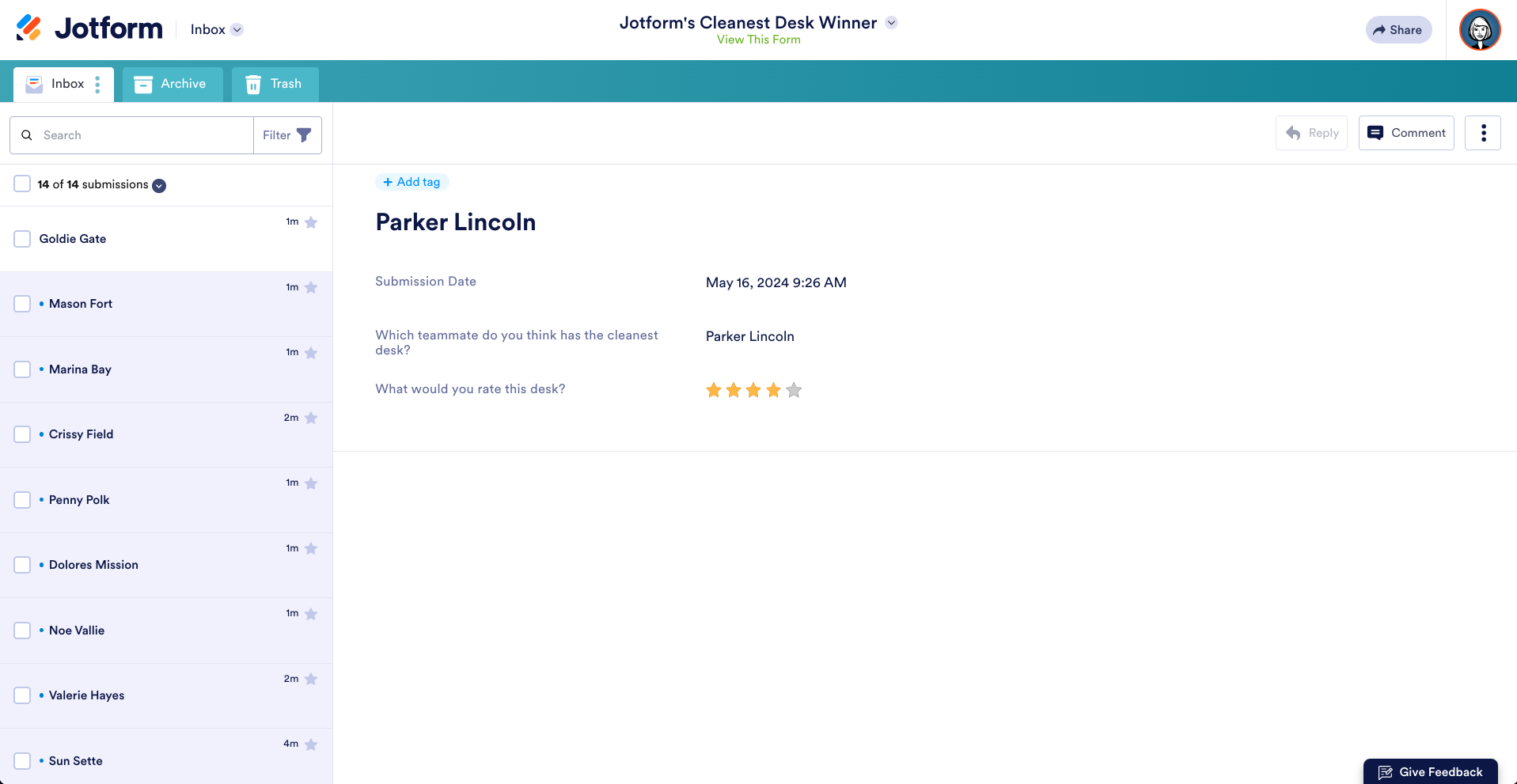Jotform's Cleanest Desk Winner Form in Jotform Inbox