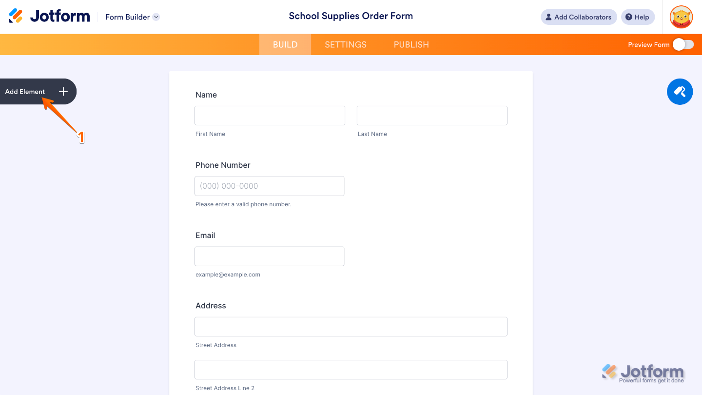 Form Builder interface with Add Element button highlighted on the left panel to add form fields, widgets, or payment gateways