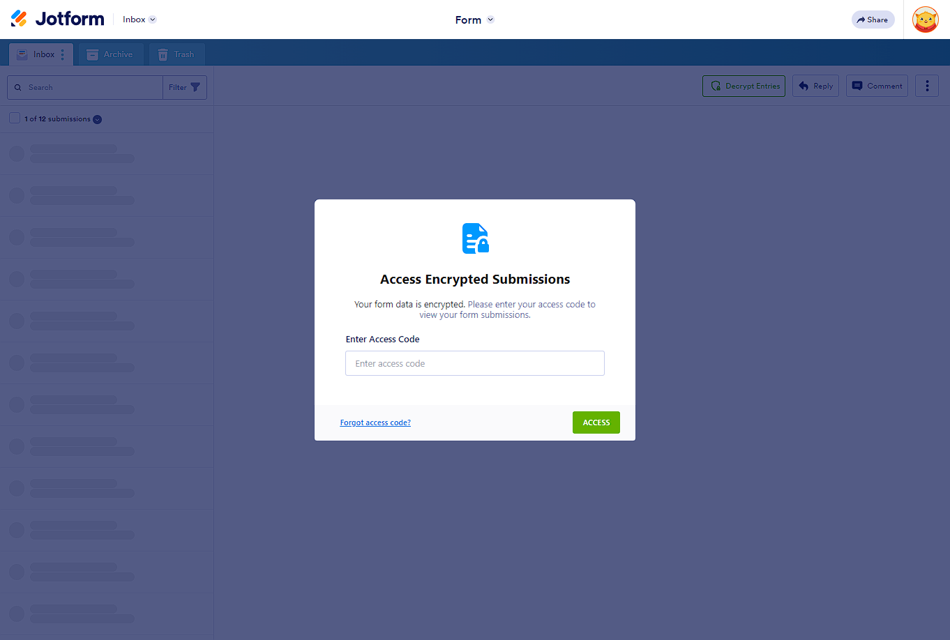 Jotform Inbox with the popup window to enter the access code for encrypted form to view submissions