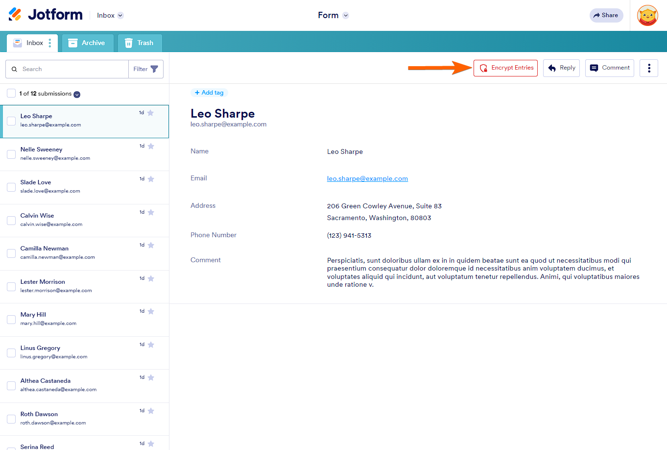 Encrypt Entries button in Jotform Inbox