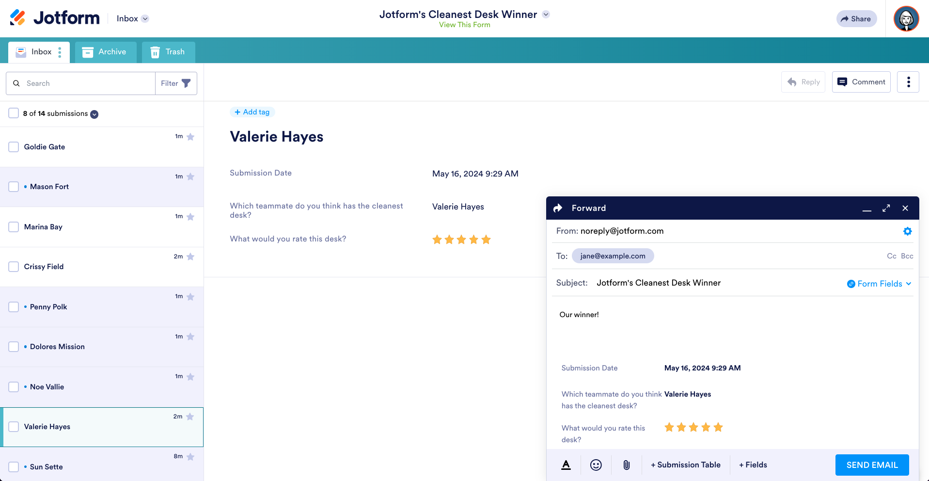 Forwarding a Submission in Jotform Inbox