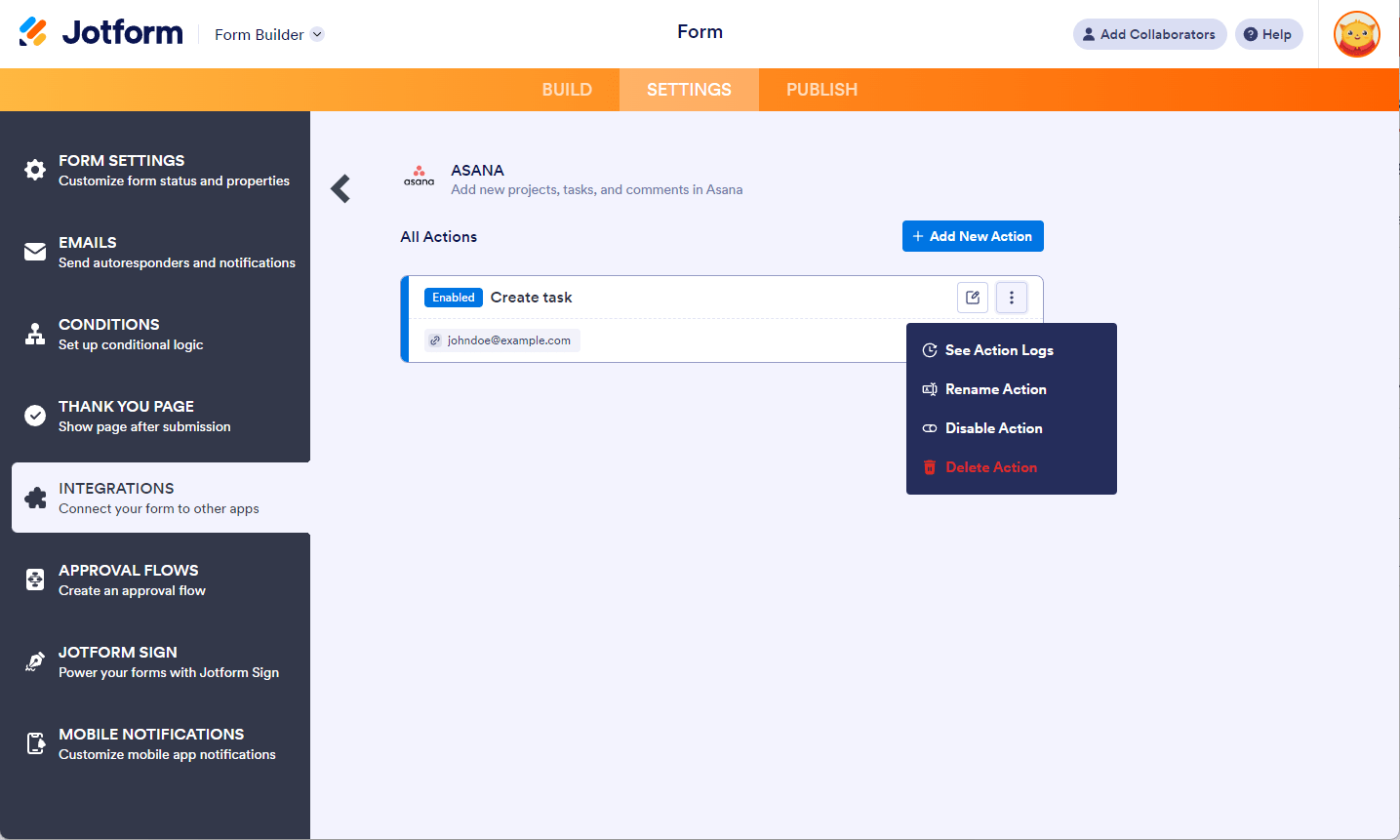 Agregar botón de nueva acción, editar acción y más opciones en la configuración de integración de Asana