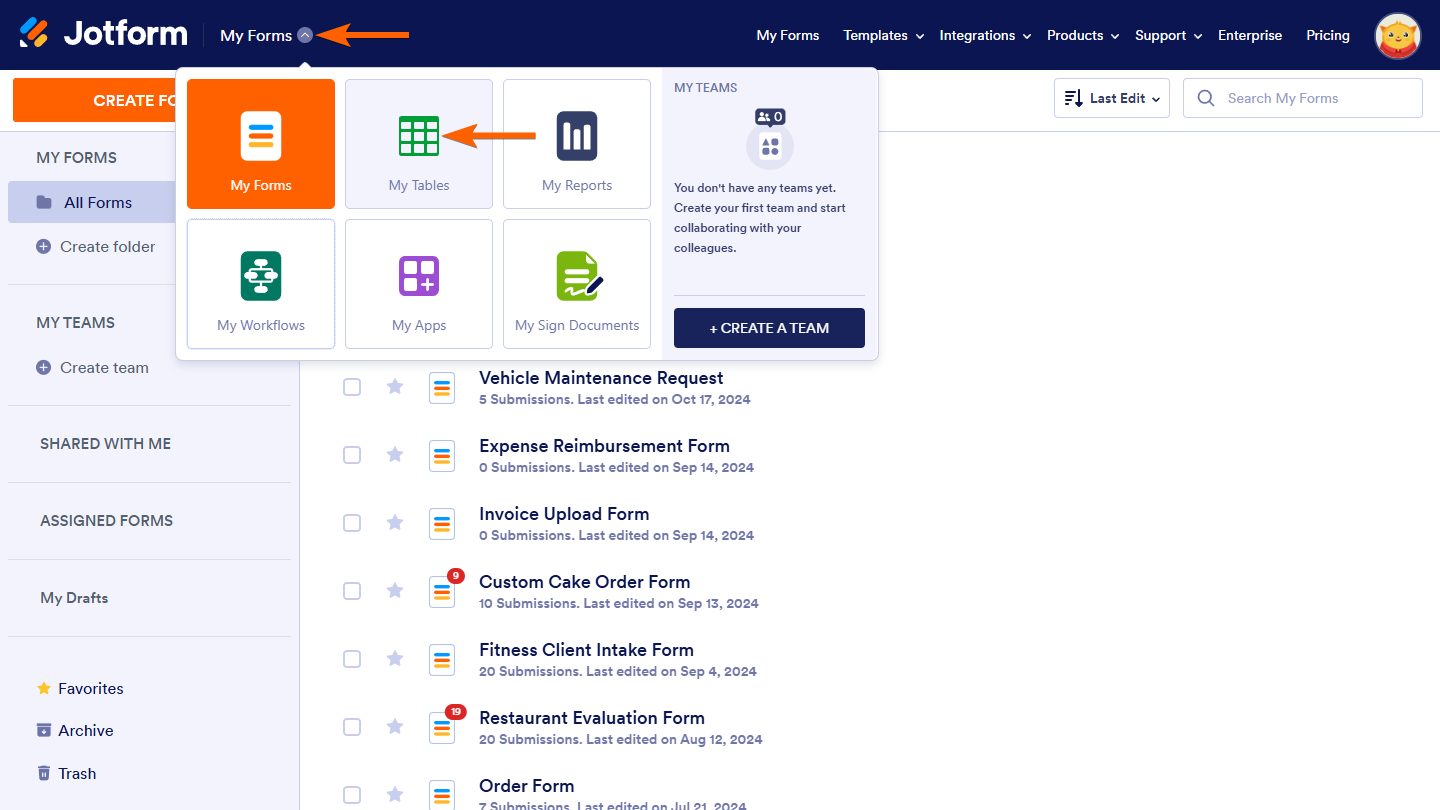 My Tables option in Jotform My Forms page menu