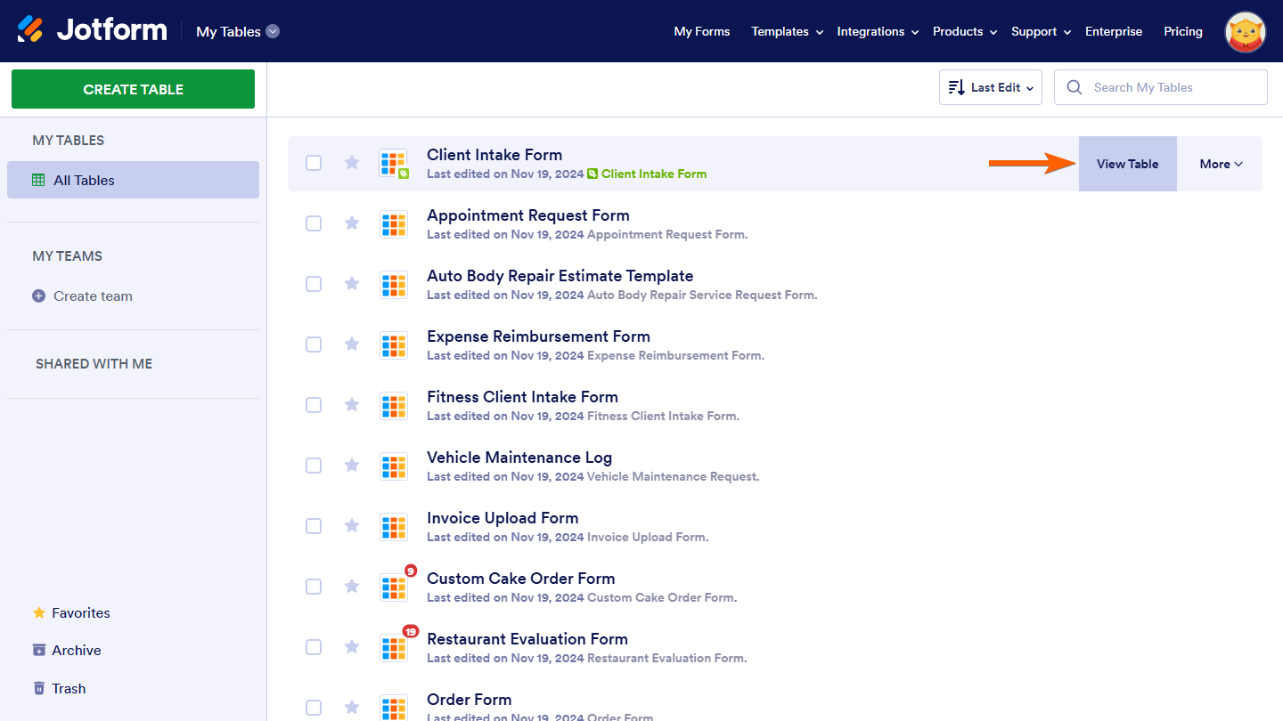 View Table button on My Tables page in Jotform