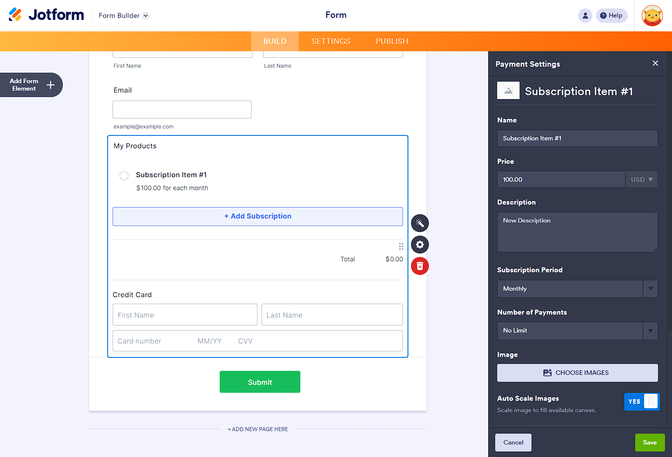 Subscription Item Settings in Square payment gateway with Jotform