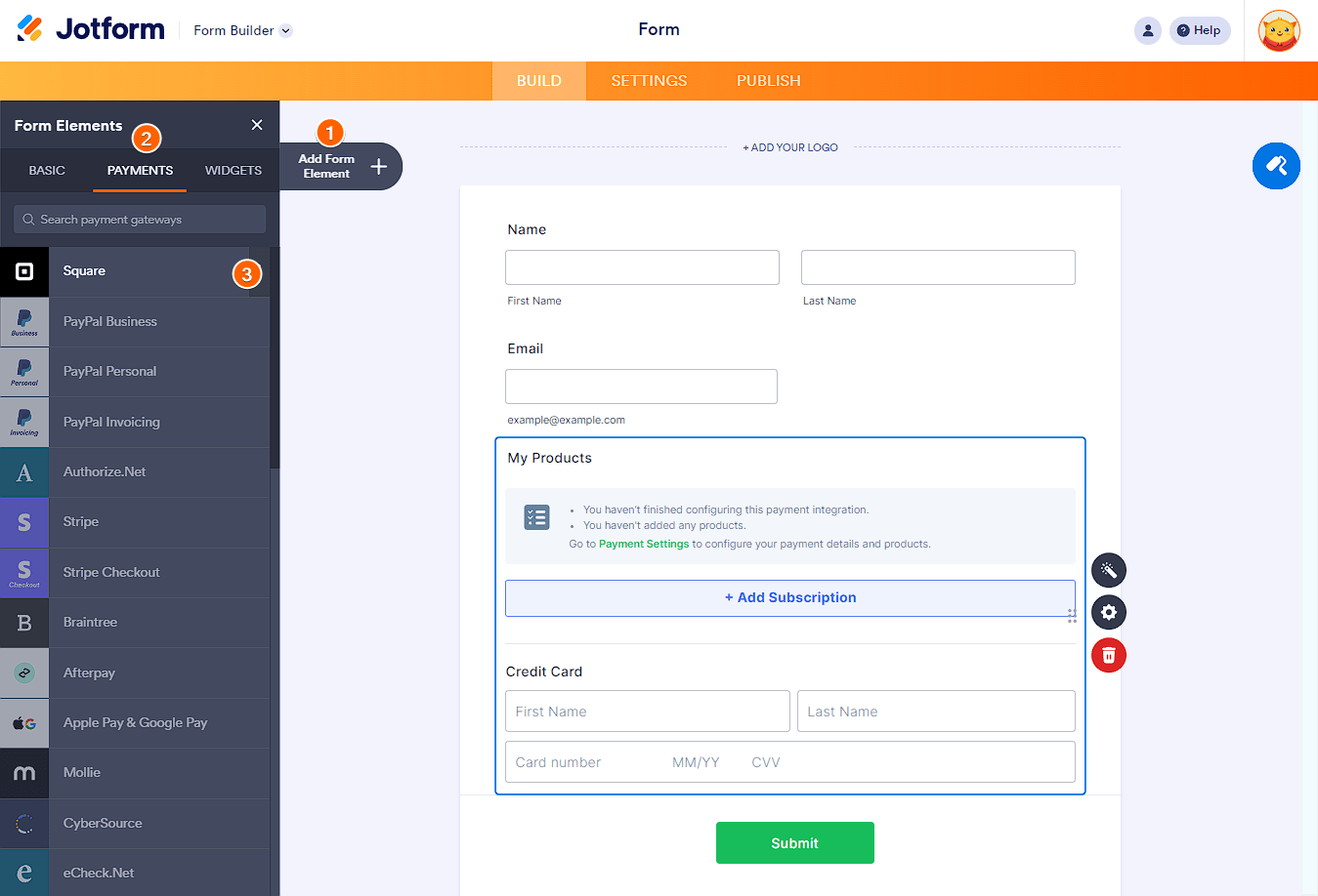 Square payment gateway in the Payments tab of the Jotform Form Builder