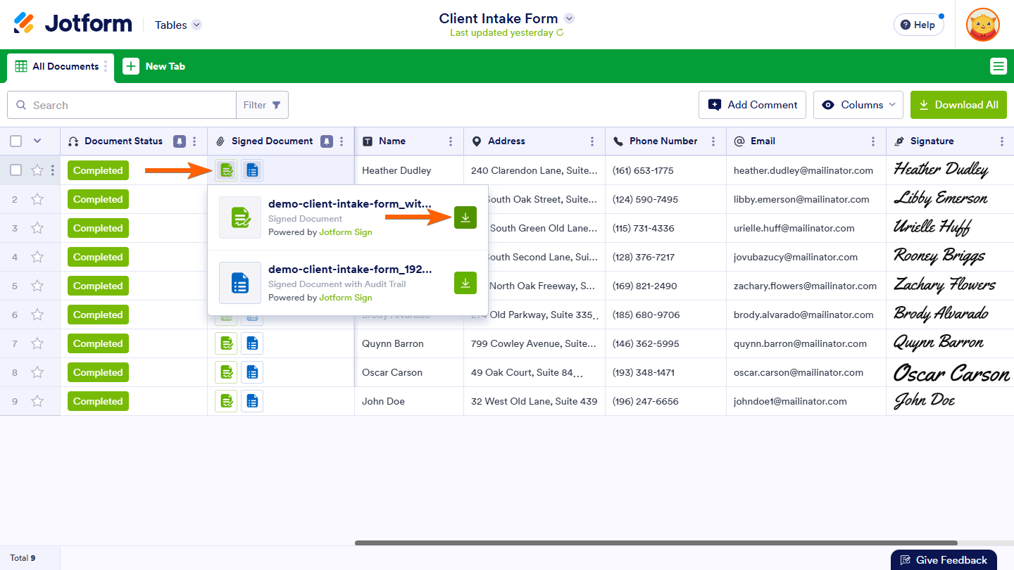 Download button in the Signed Document column of Jotform Tables
