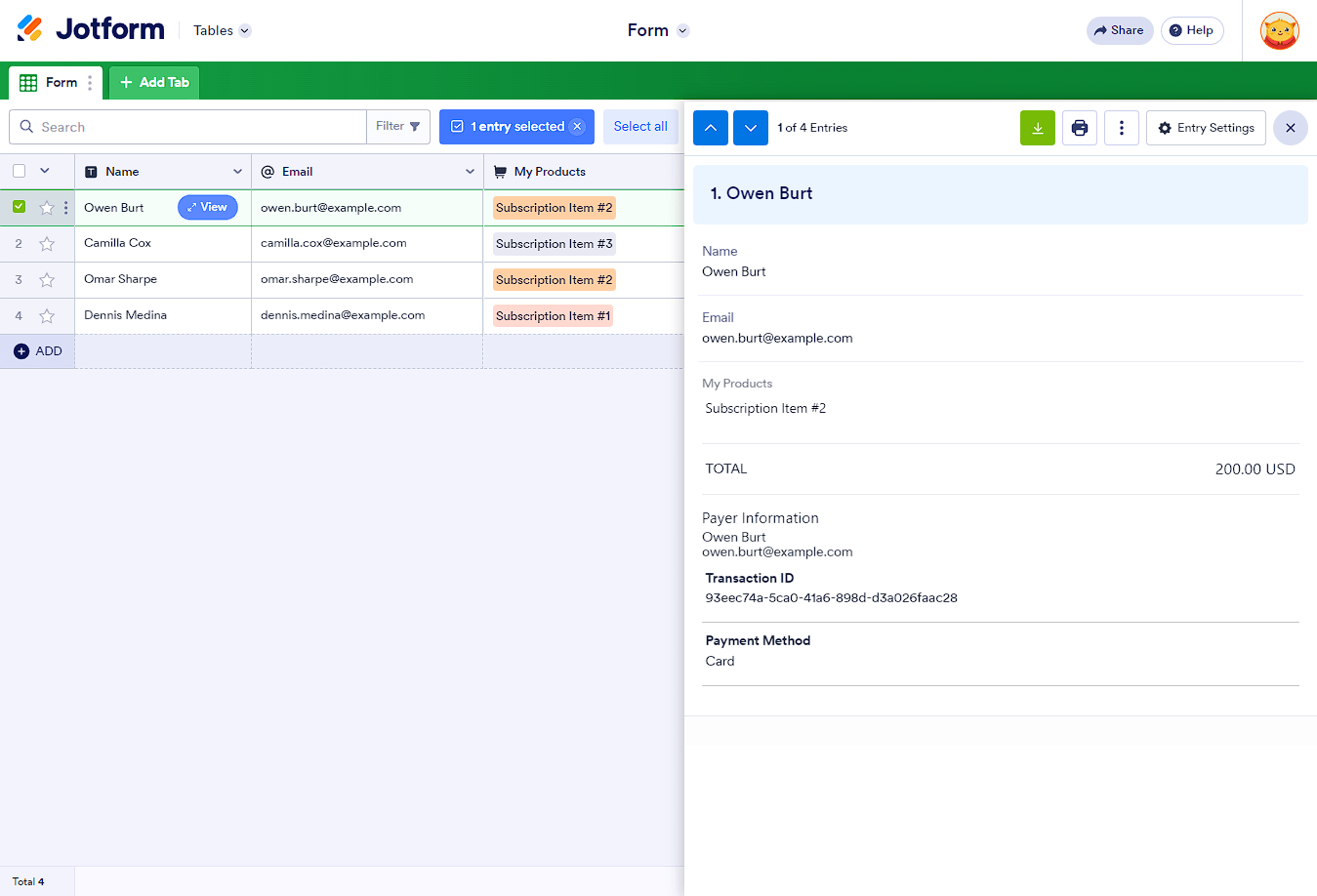 Subscription Payment in Jotform Tables