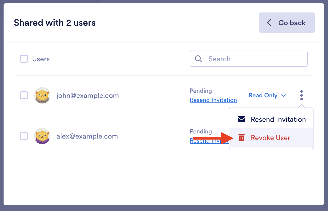 Screenshot of Shared With Page Clicking on Revoke User