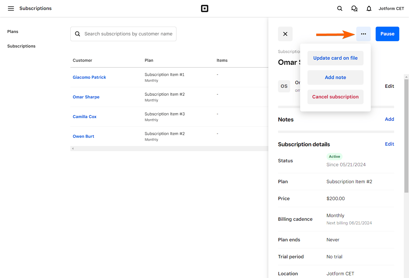 Manage subscription in Square subscriptions page
