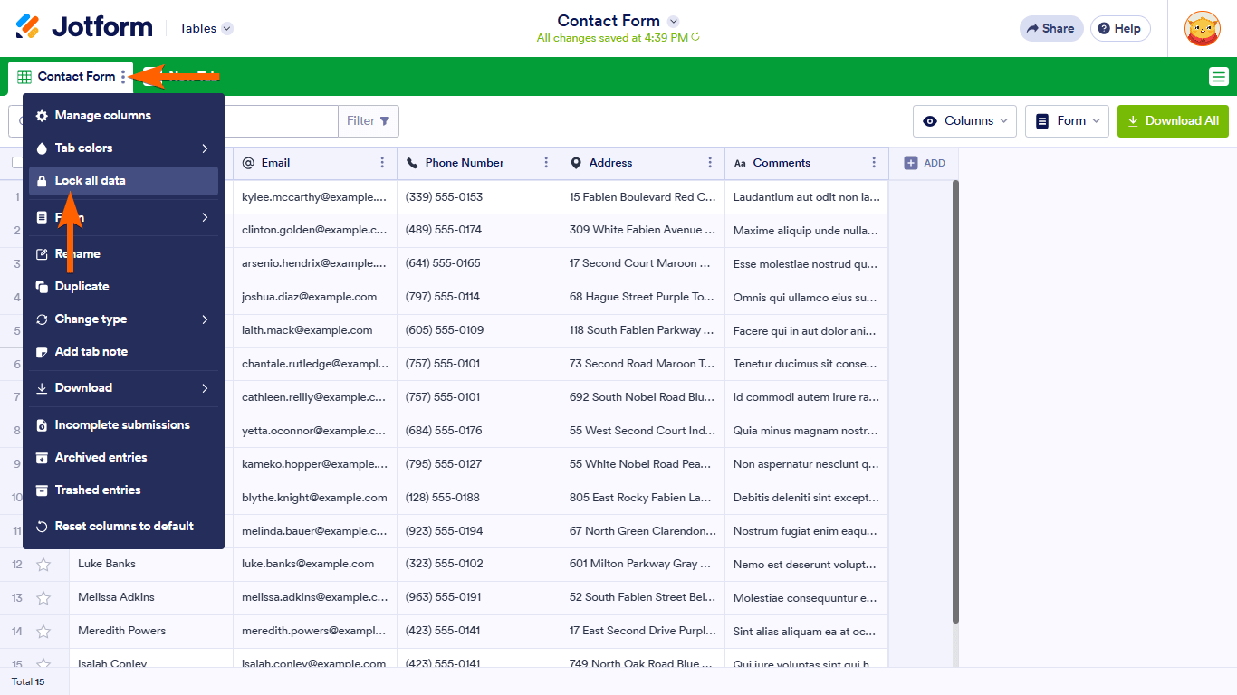 A lock all data option in a Jotform Tables tab menu