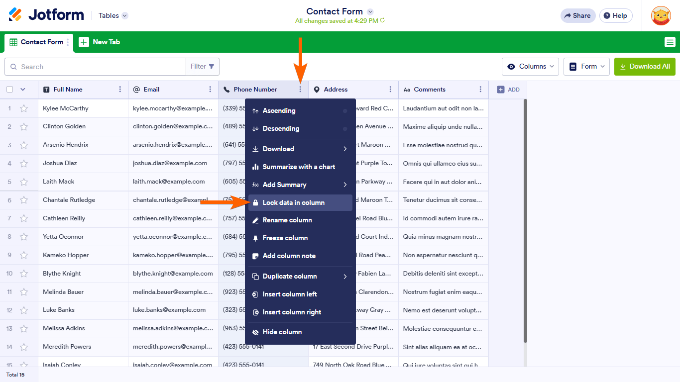 A lock data in column option in a Jotform Tables column menu