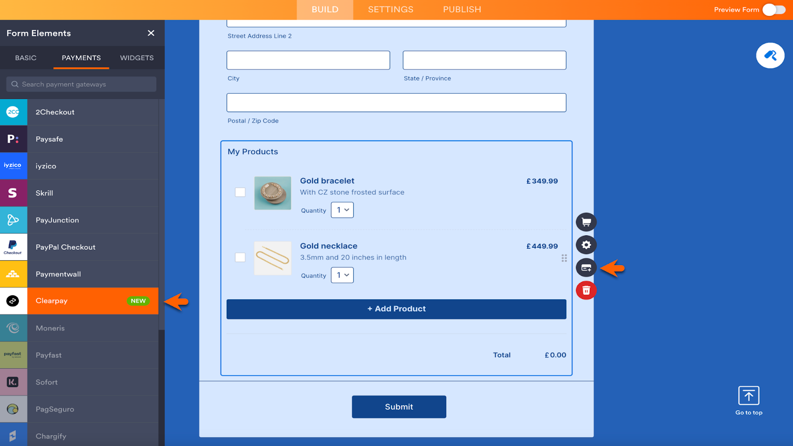 Clicking on Add Integration Icon to the Right of the Product List then Clicking on Clearpay