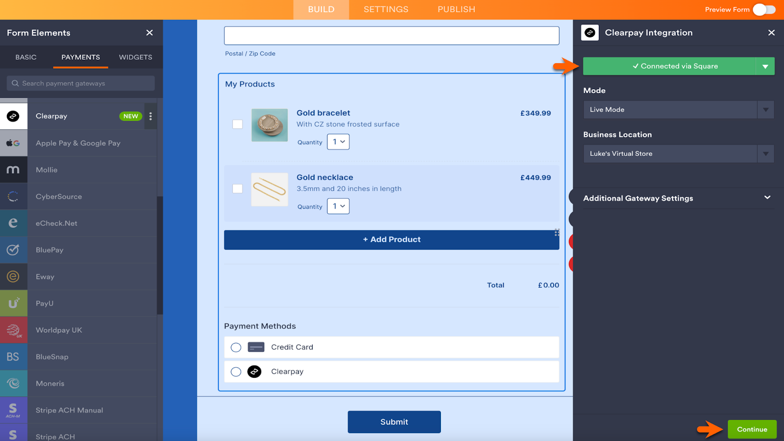 Clicking on Continue after the Clearpay Integration is Connected via Square