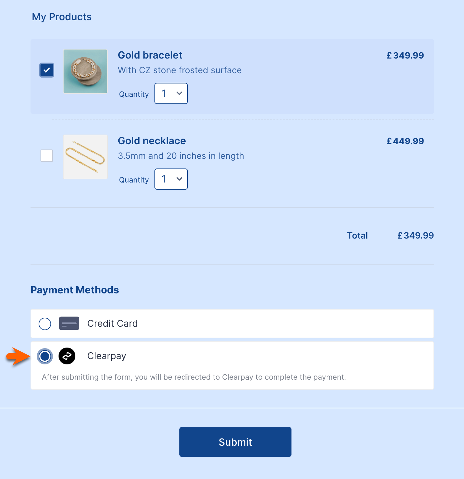 Selecting Clearpay Under the Payment Methods
