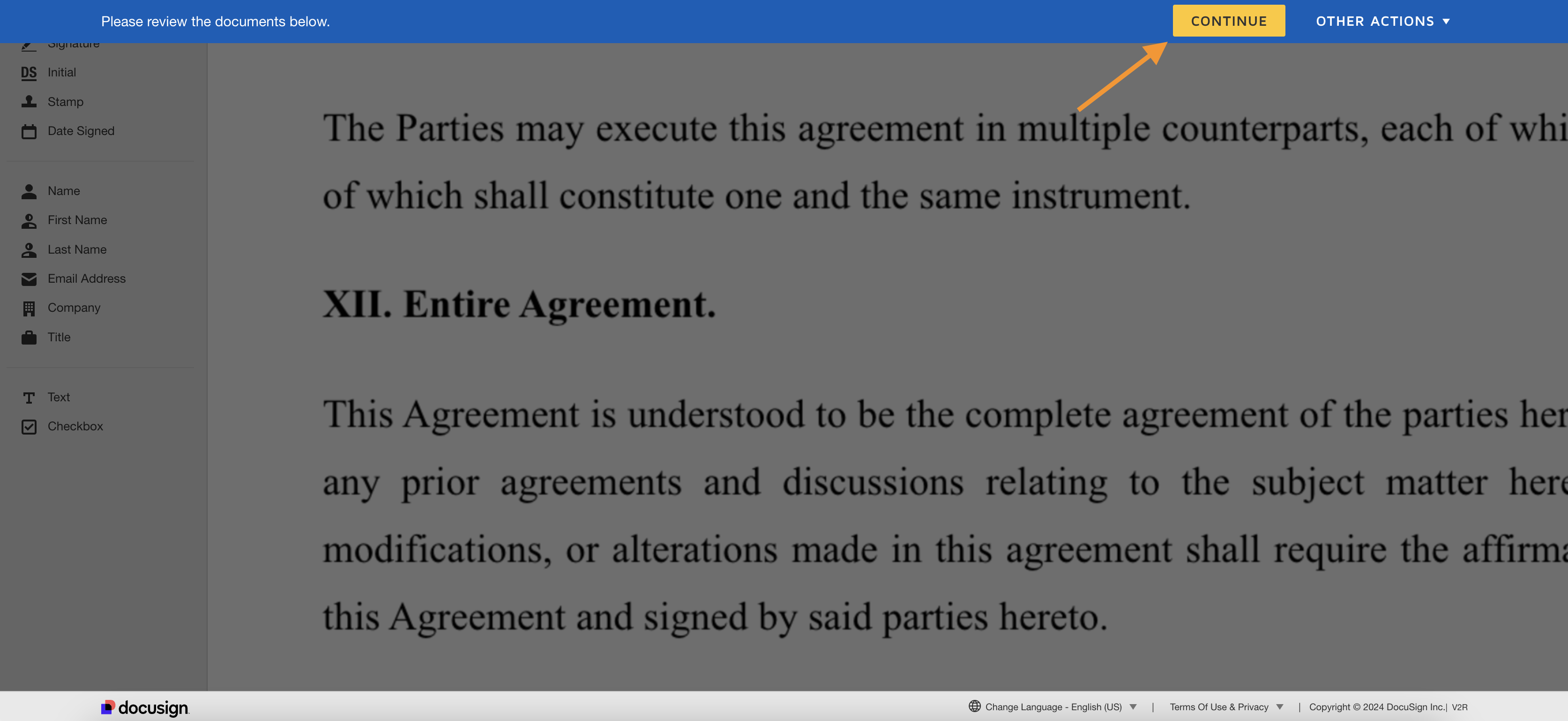 Digital document signing interface displaying a Letter of Authorization ready for completion with various field options on the left