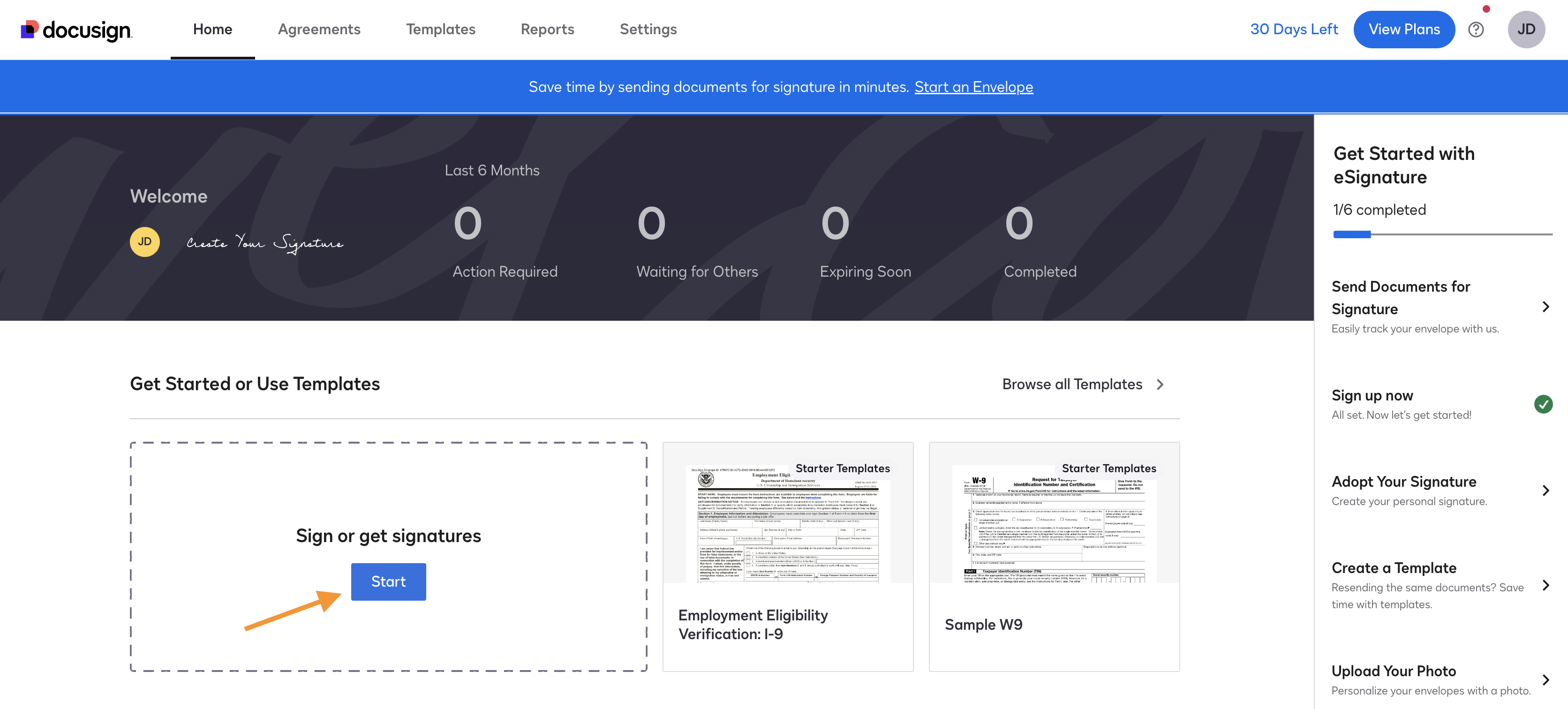 Homepage of DocuSign featuring a call-to-action for eSignature services, with images of people engaging in various activities
