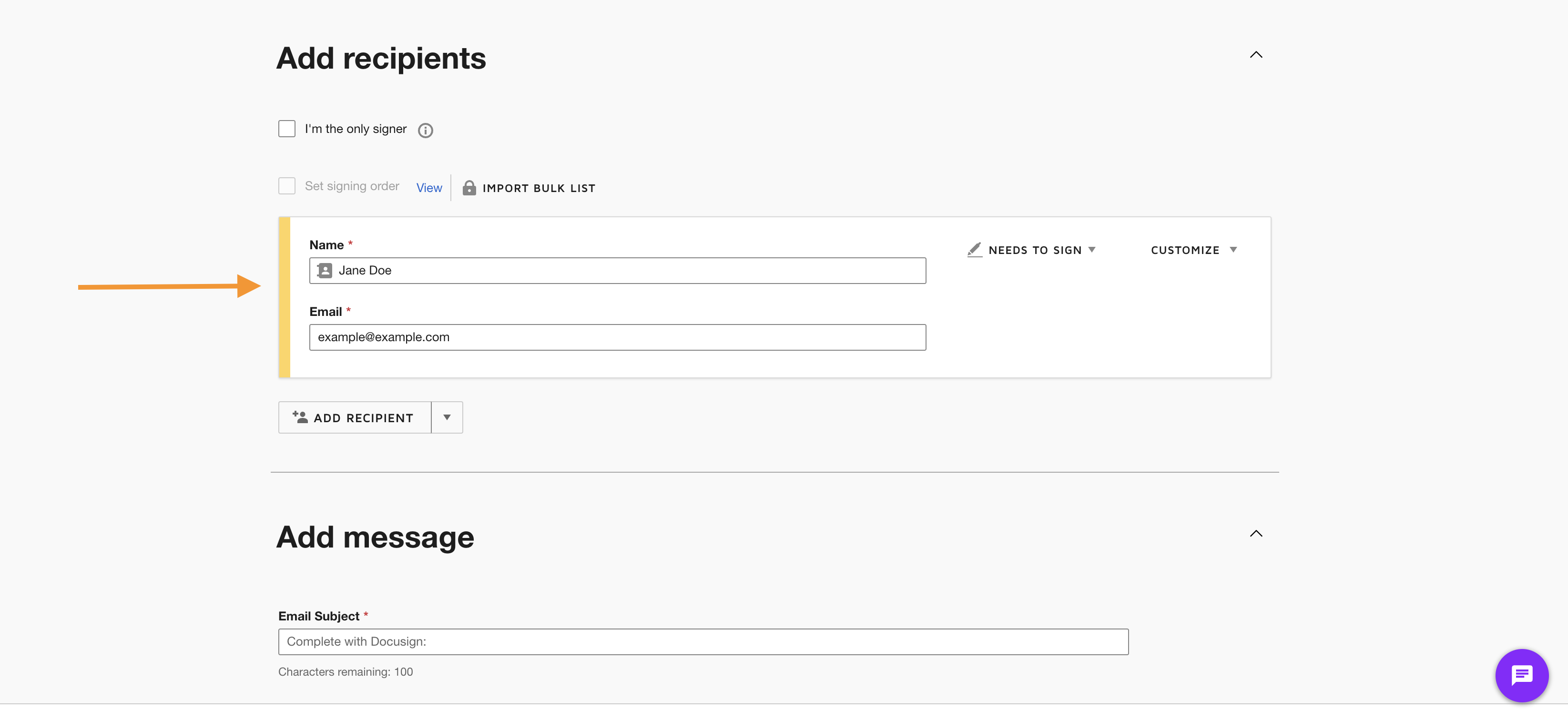 Document setup interface showing an uploaded offer letter template and recipient details with a 'Next' button for proceeding