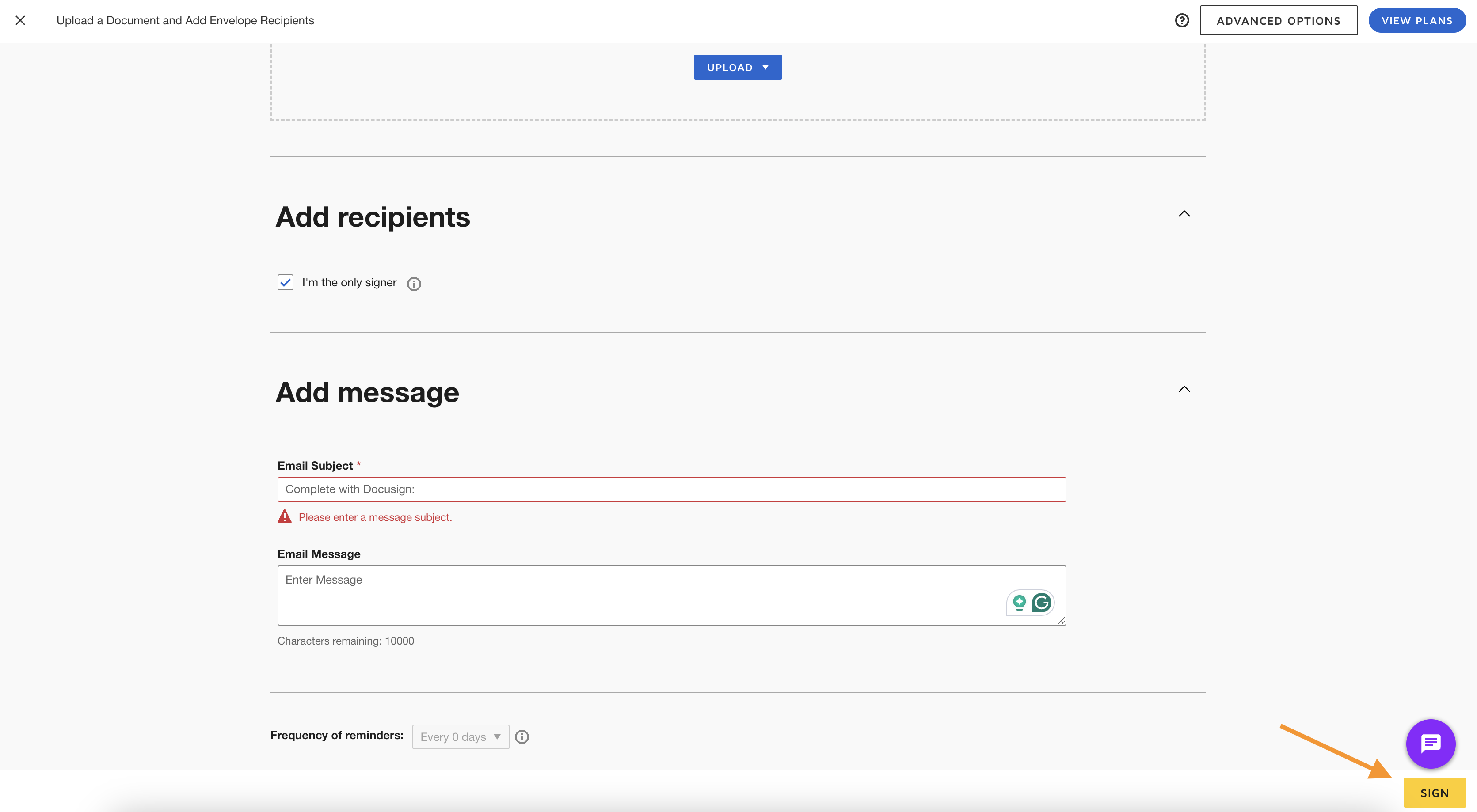Document upload interface with fields for adding recipients and a custom message, and a 'Send' button highlighted