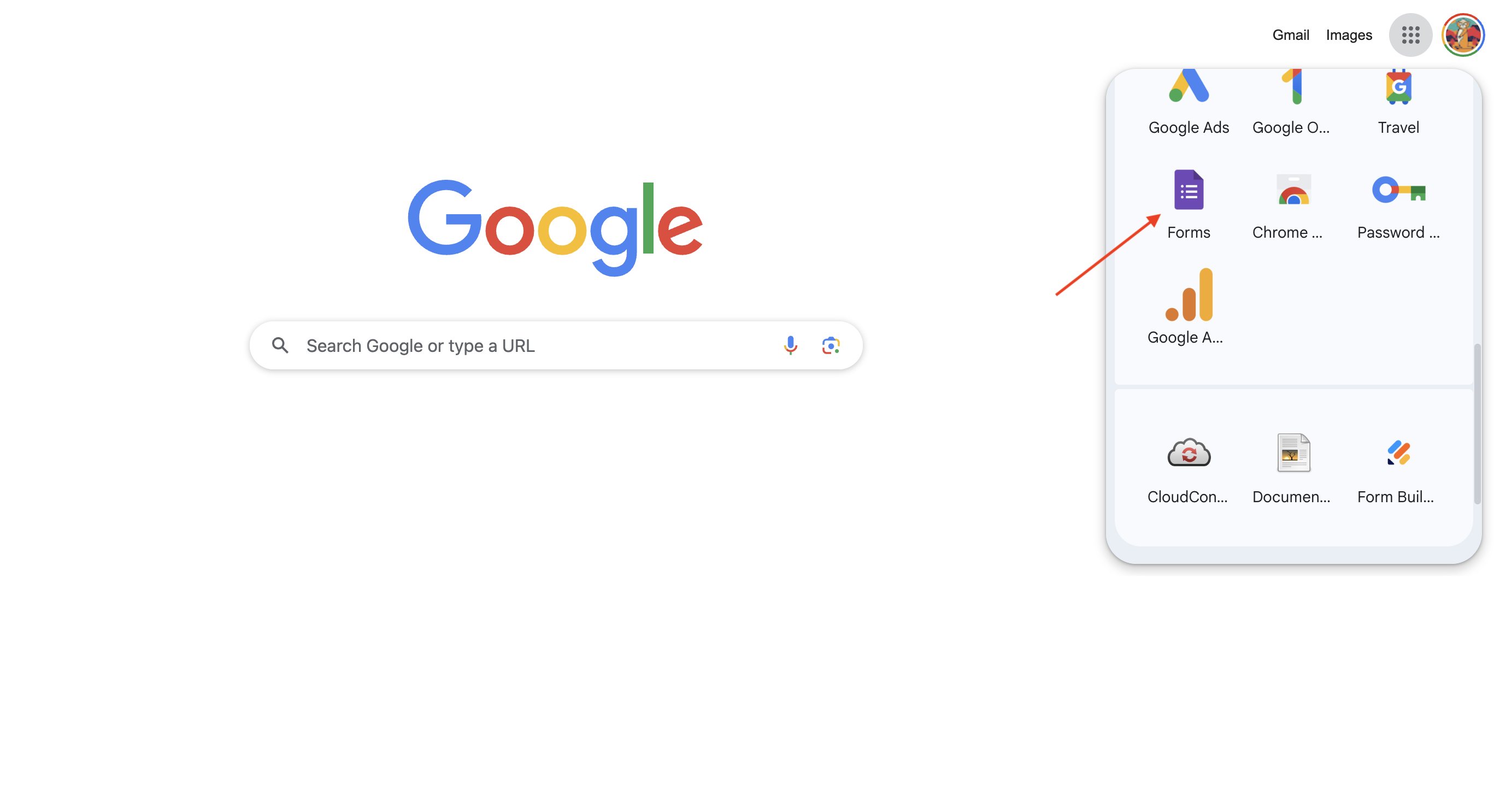 Google search page with the Google apps menu open and a red arrow pointing to the Google Forms icon