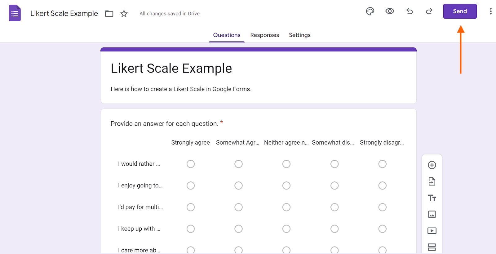 Arrow Pointing to the Send button on Google Forms