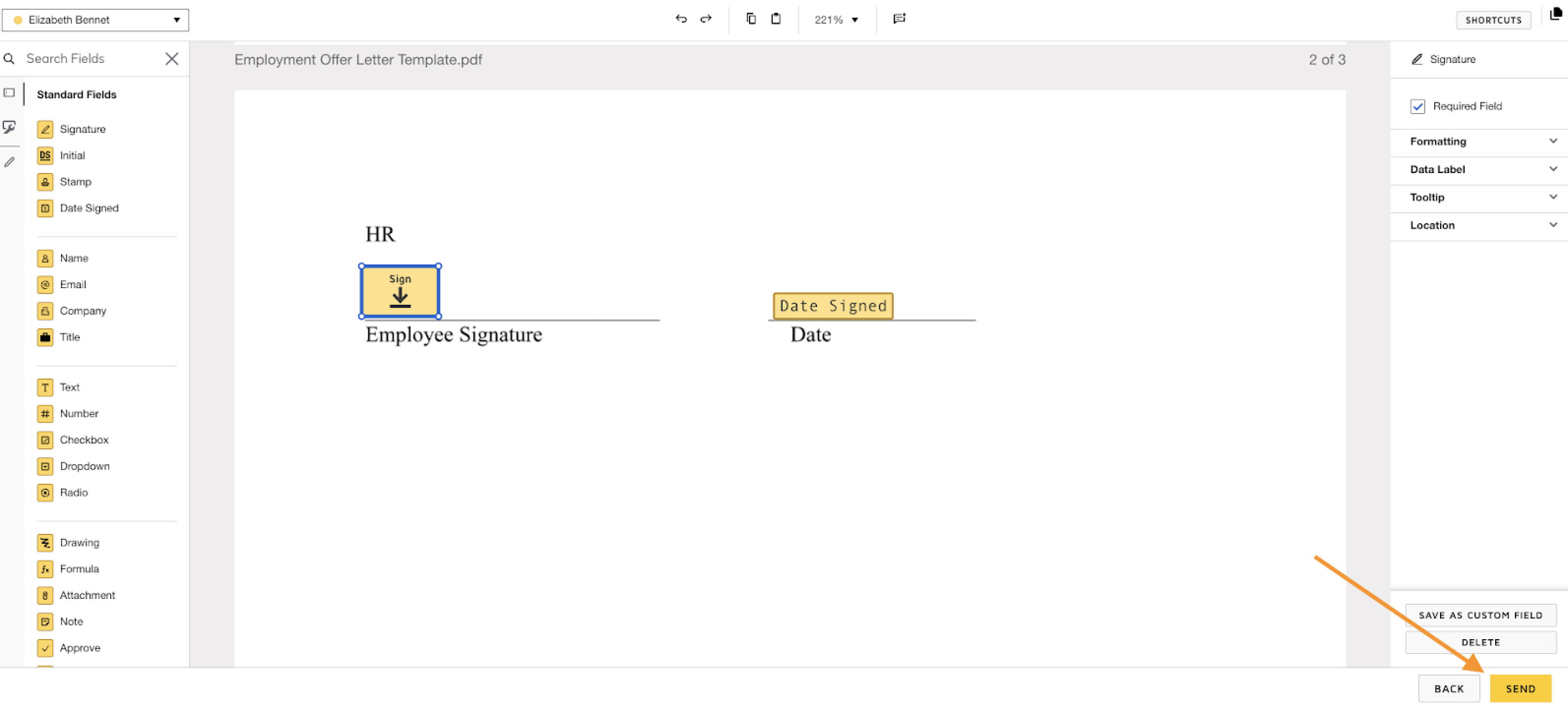 A close-up view of an electronic employment offer letter with signature placeholders and an editing panel on the right side