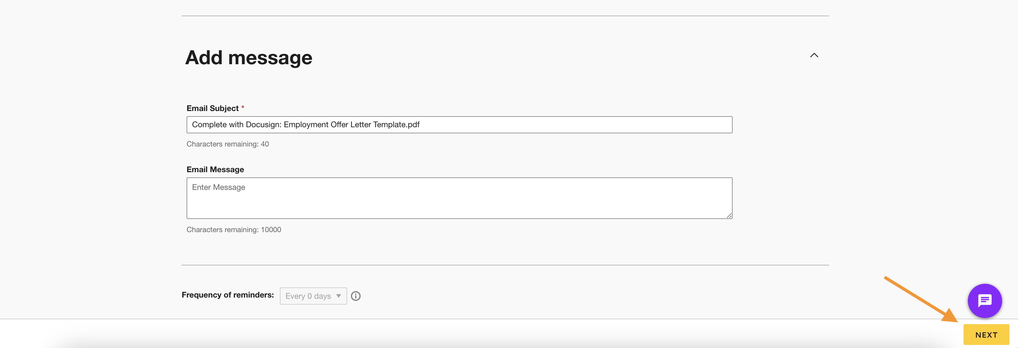 Email setup interface for an employment offer letter with fields for adding a message and a 'Next' button