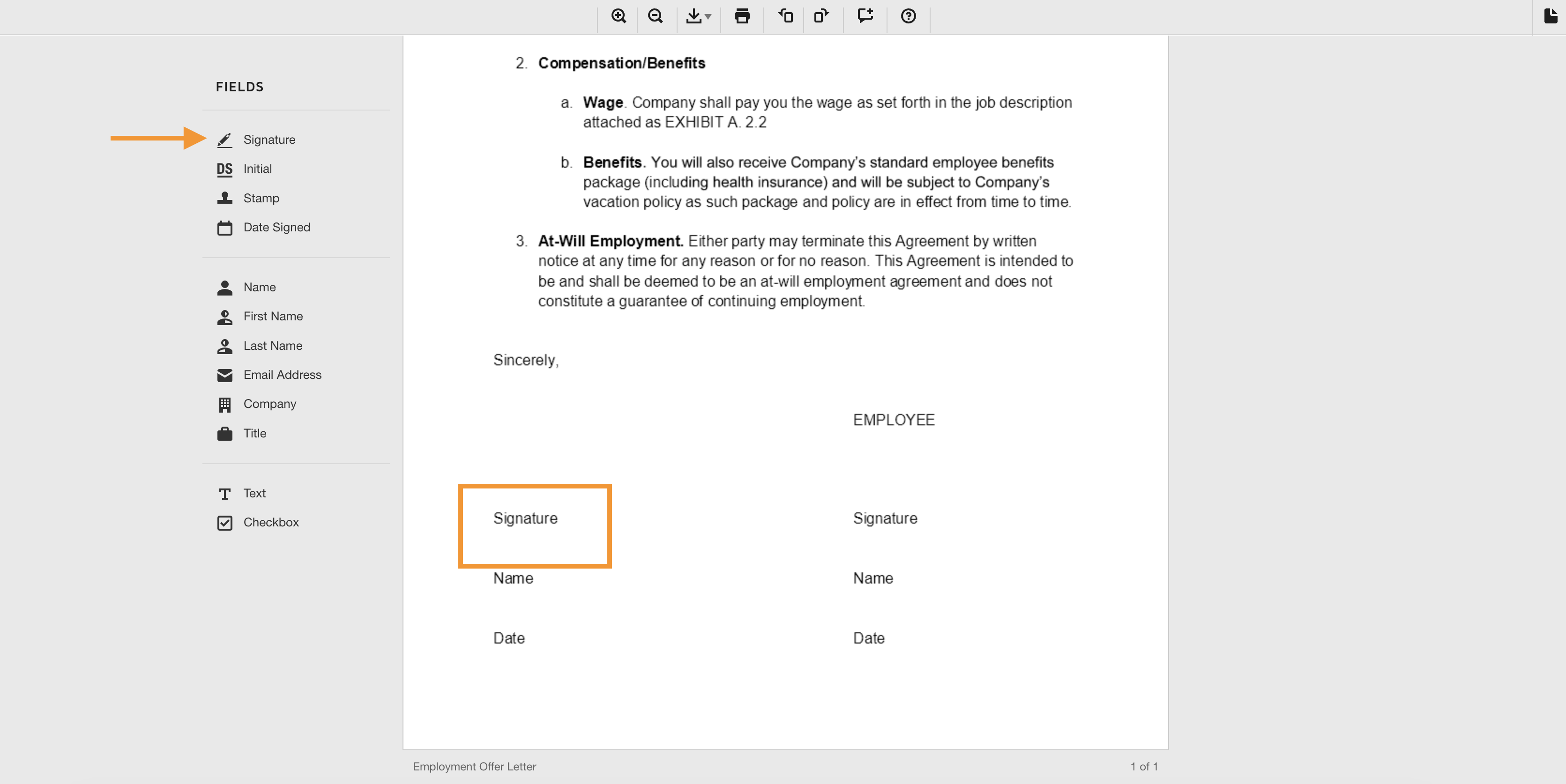 Electronic document signing screen showing an employment offer letter with signature fields and a 'Finish' button at the bottom