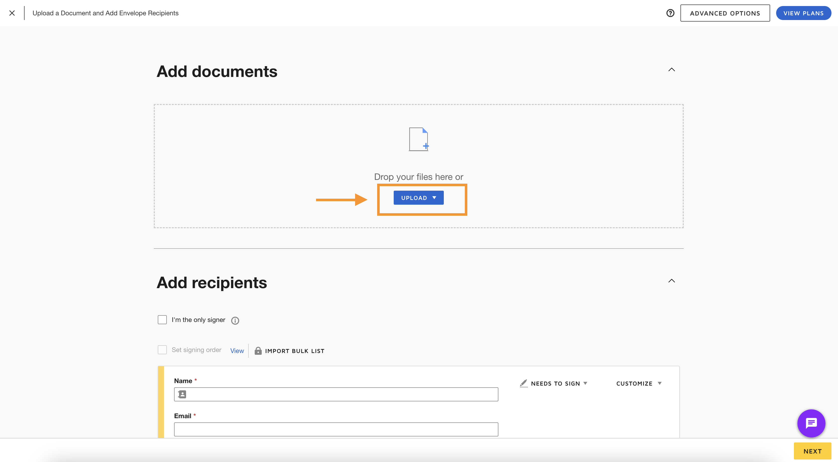 Interface for adding documents and recipients in a digital document signing service with an upload area and recipient details form