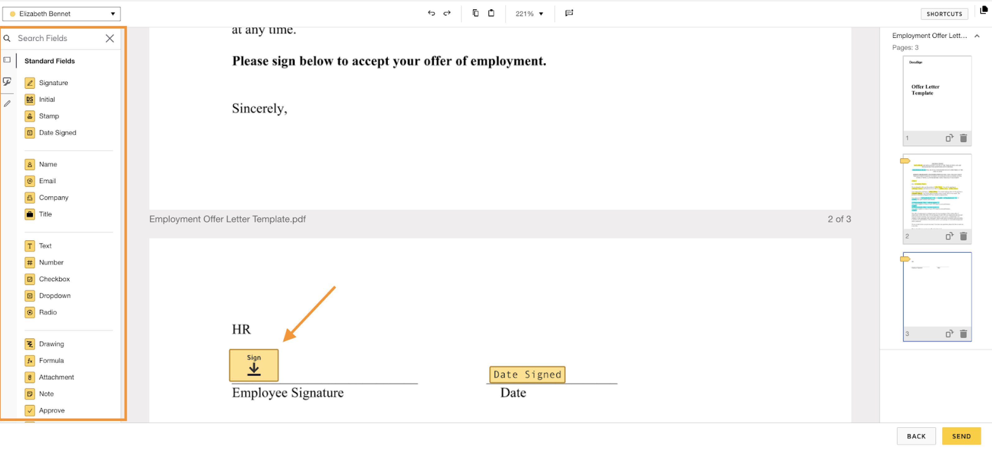 Document preparation screen with fields for HR and employee signatures on an employment offer letter, and options to preview or send