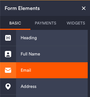 The image shows the "Form Elements" panel in a form builder application, highlighting the "Email" field under the "Basic" section