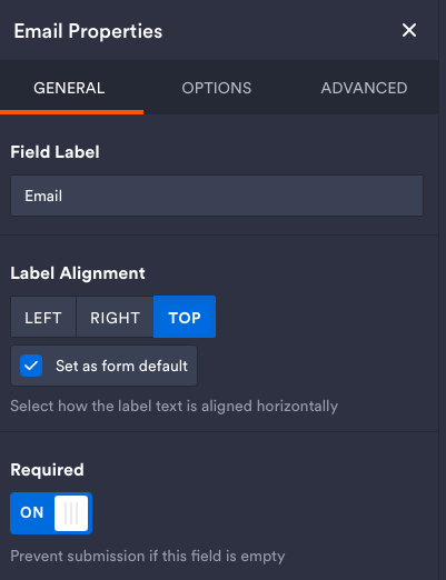 The image shows the "Email Properties" panel in a form builder application