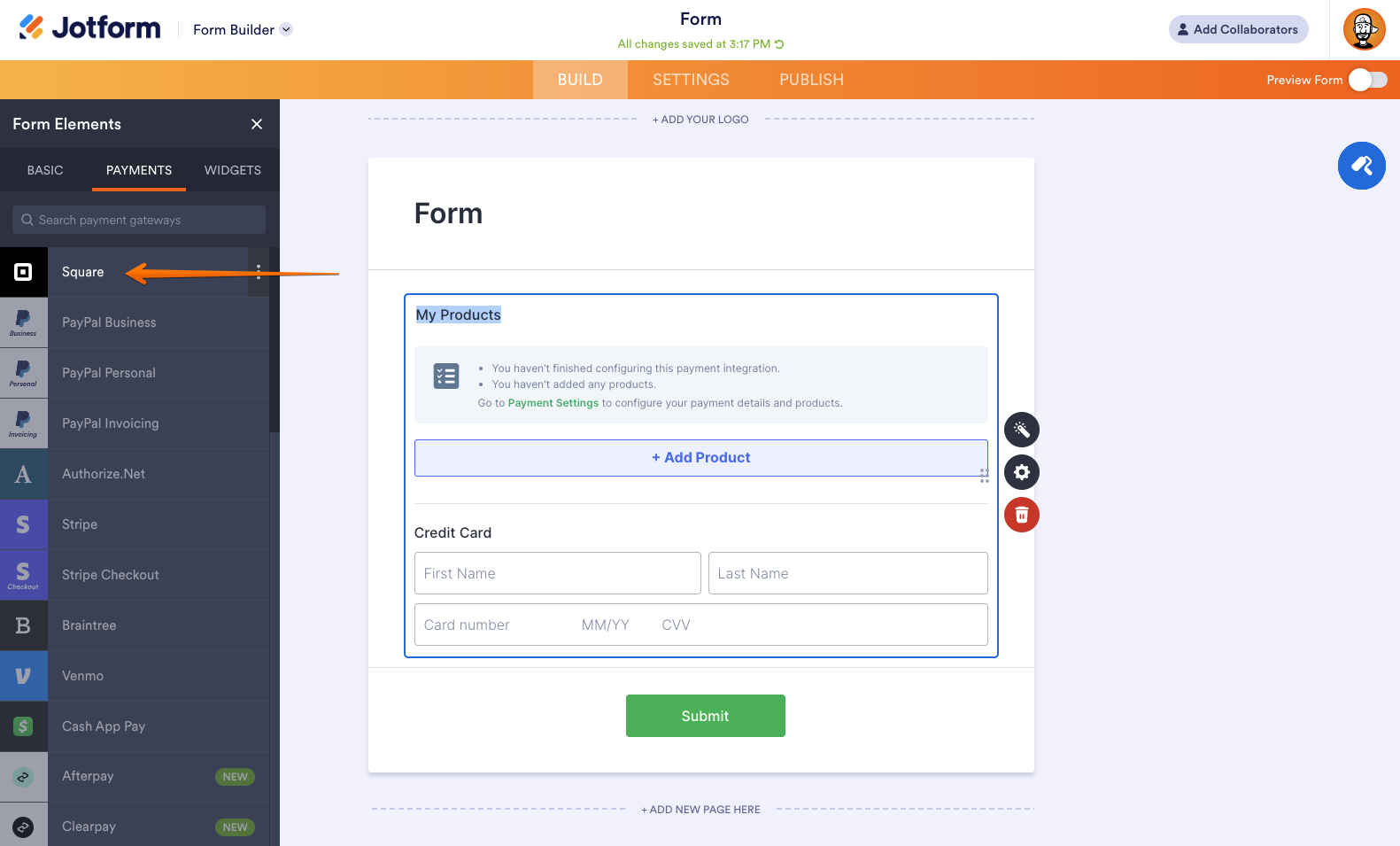 Clicking on Square Under the Payments Tab in Jotform Form Builder