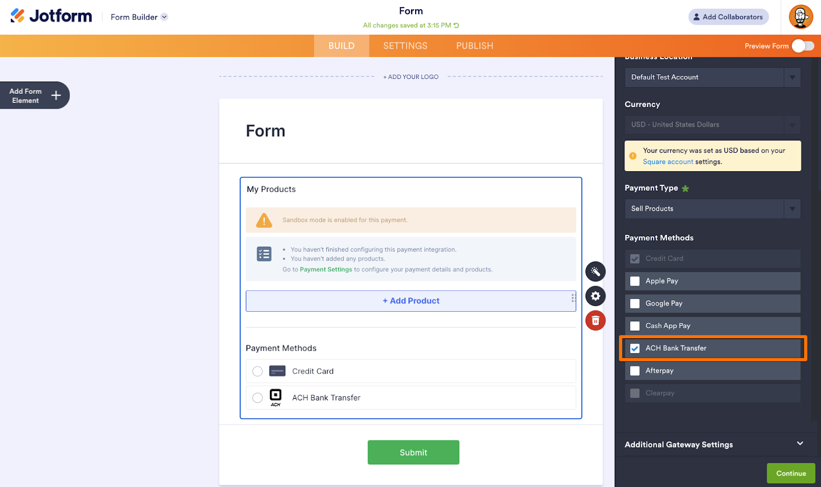 Selecting "ACH Bank Transfer" Under the Payment Methods in Square Integration Settings
