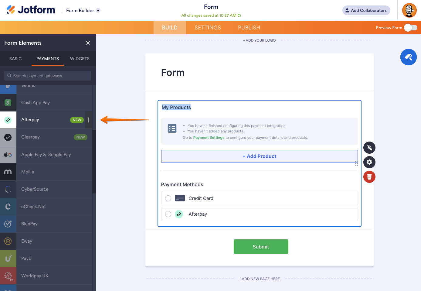 Clicking on the Afterpay Option Under Payments Tab in Jotform Form Builder