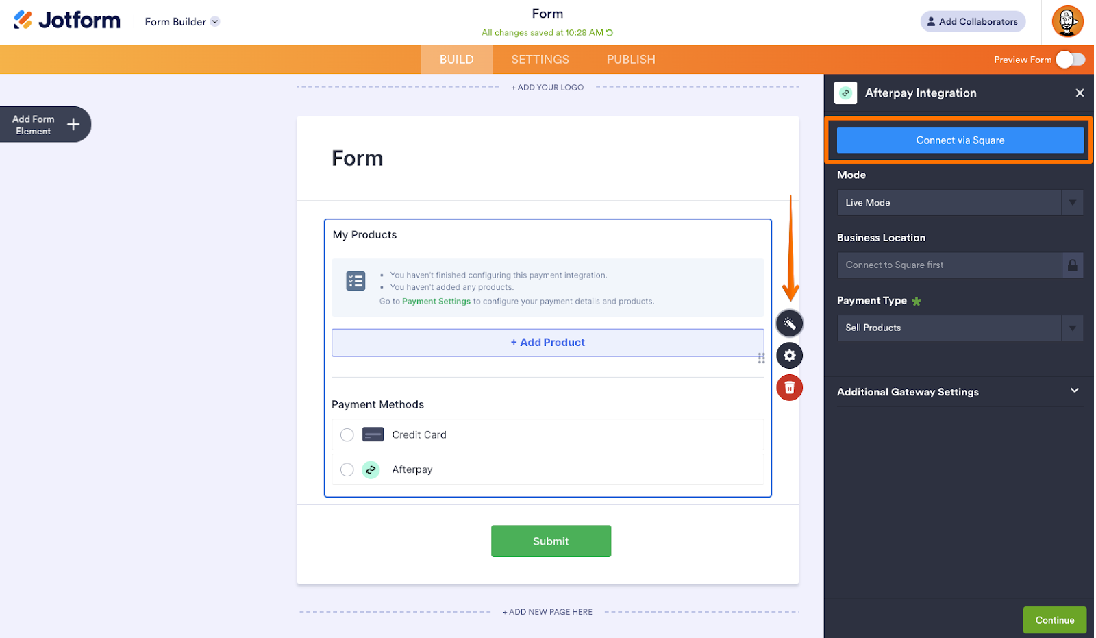 Clicking on the "Connect via Square" Button to Connect a Square Account to the Form