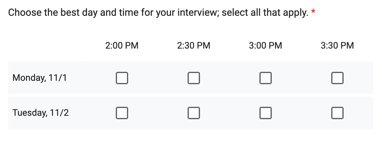 choose the best day and time for your interview select all that apply