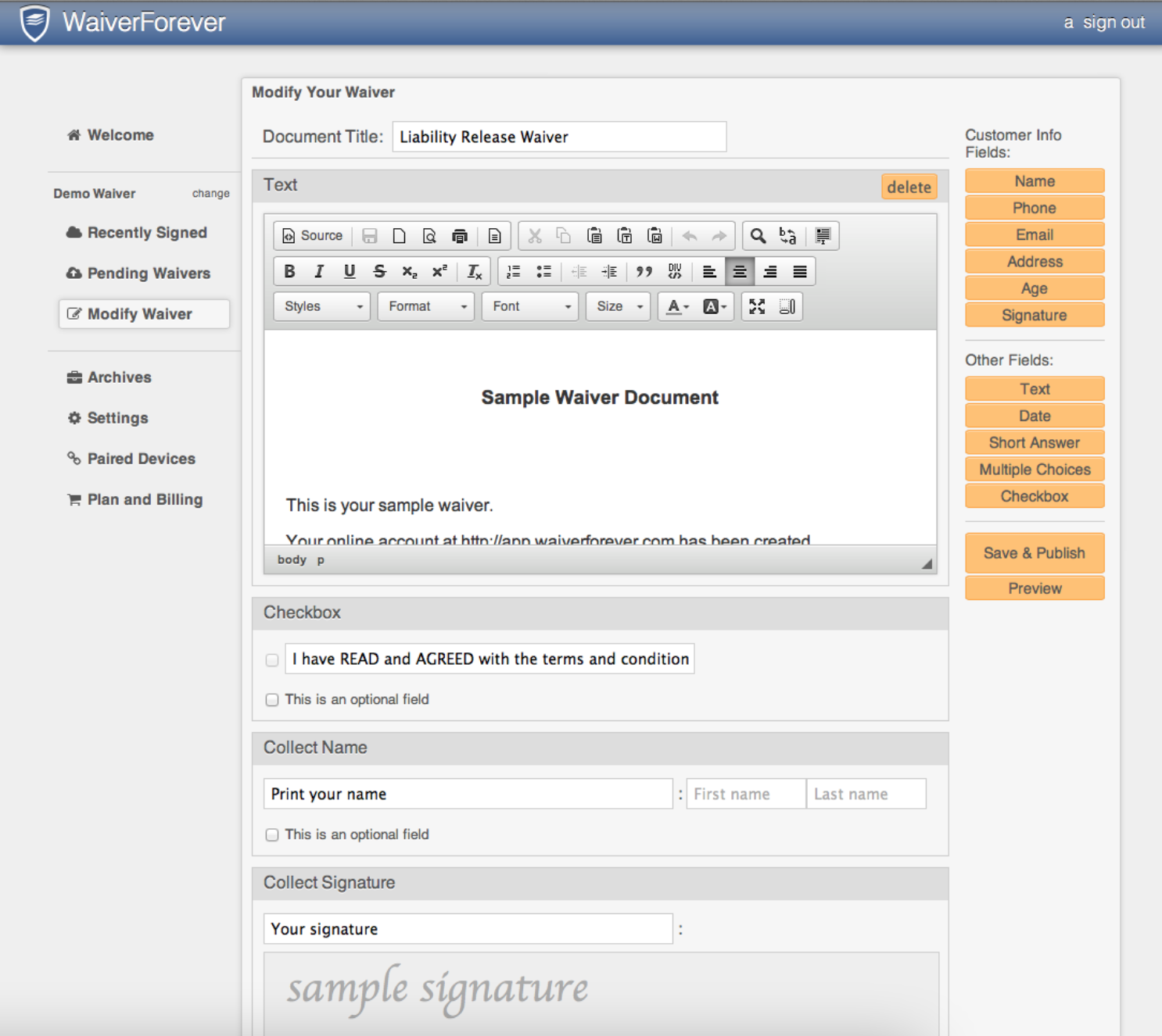 Interfaccia utente di WaiverForever