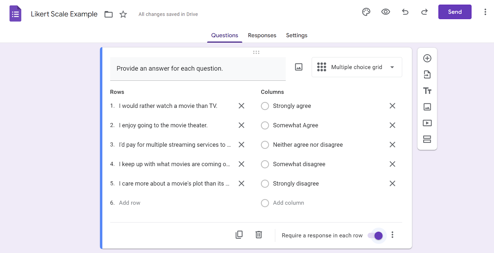 A Multiple Choice Grid Question Example in Google Forms