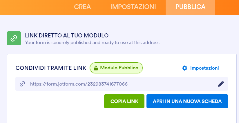 Navigazione nella scheda Pubblica del costruttore di moduli Jotform