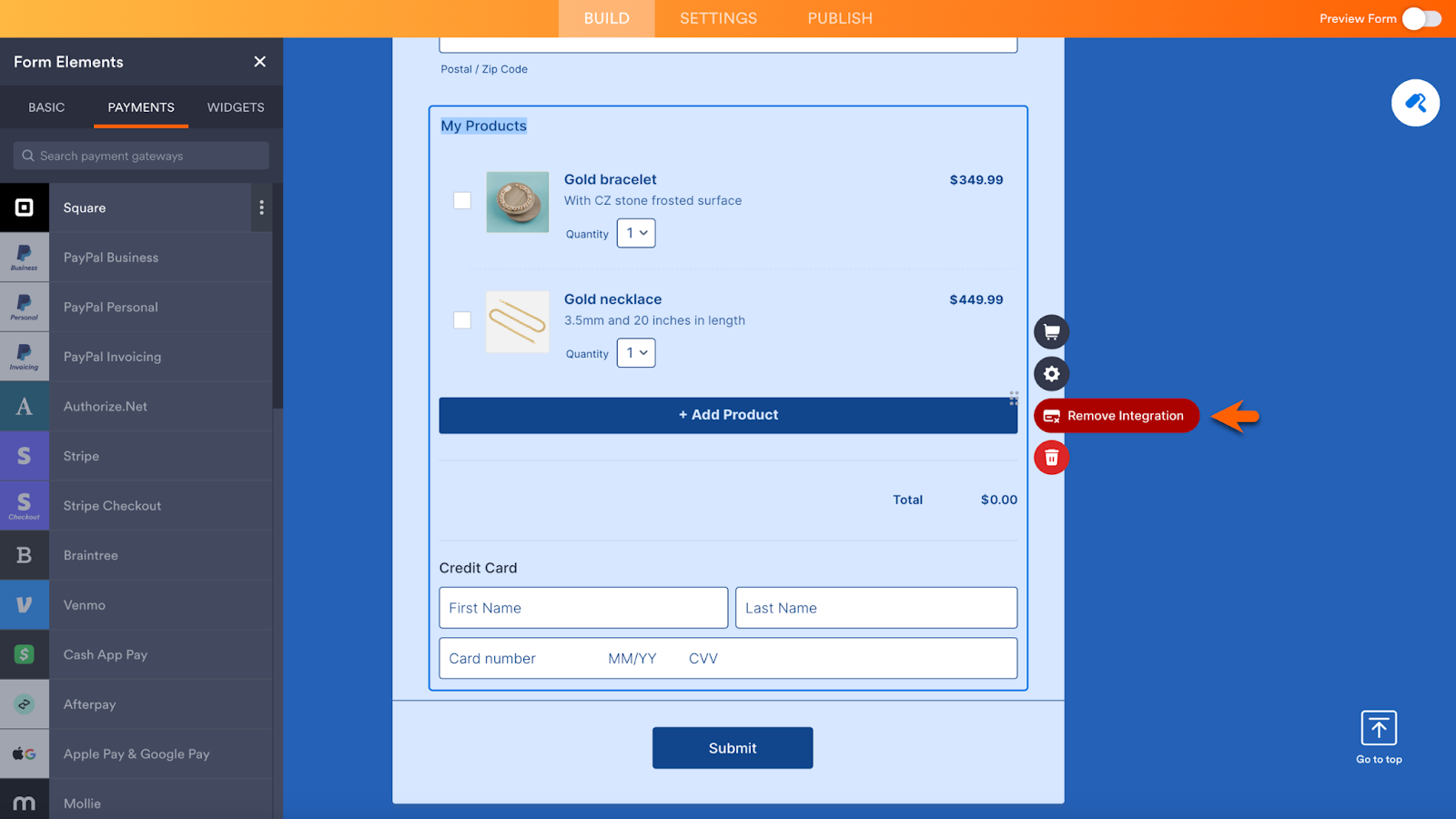 Clicking on Remove Integration Next to the Product List