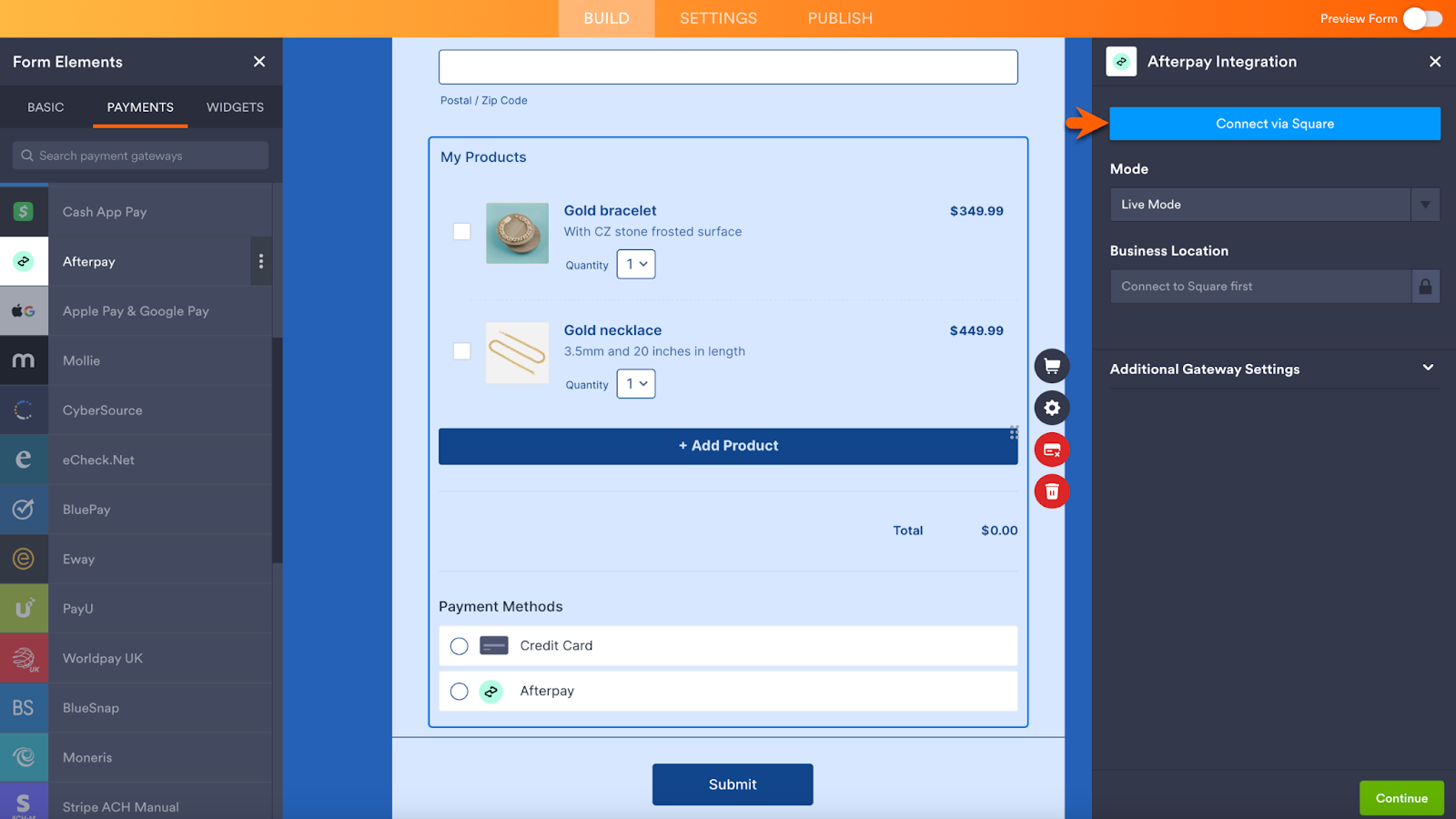 Clicking on Connect via Square in Afterpay Integration Menu
