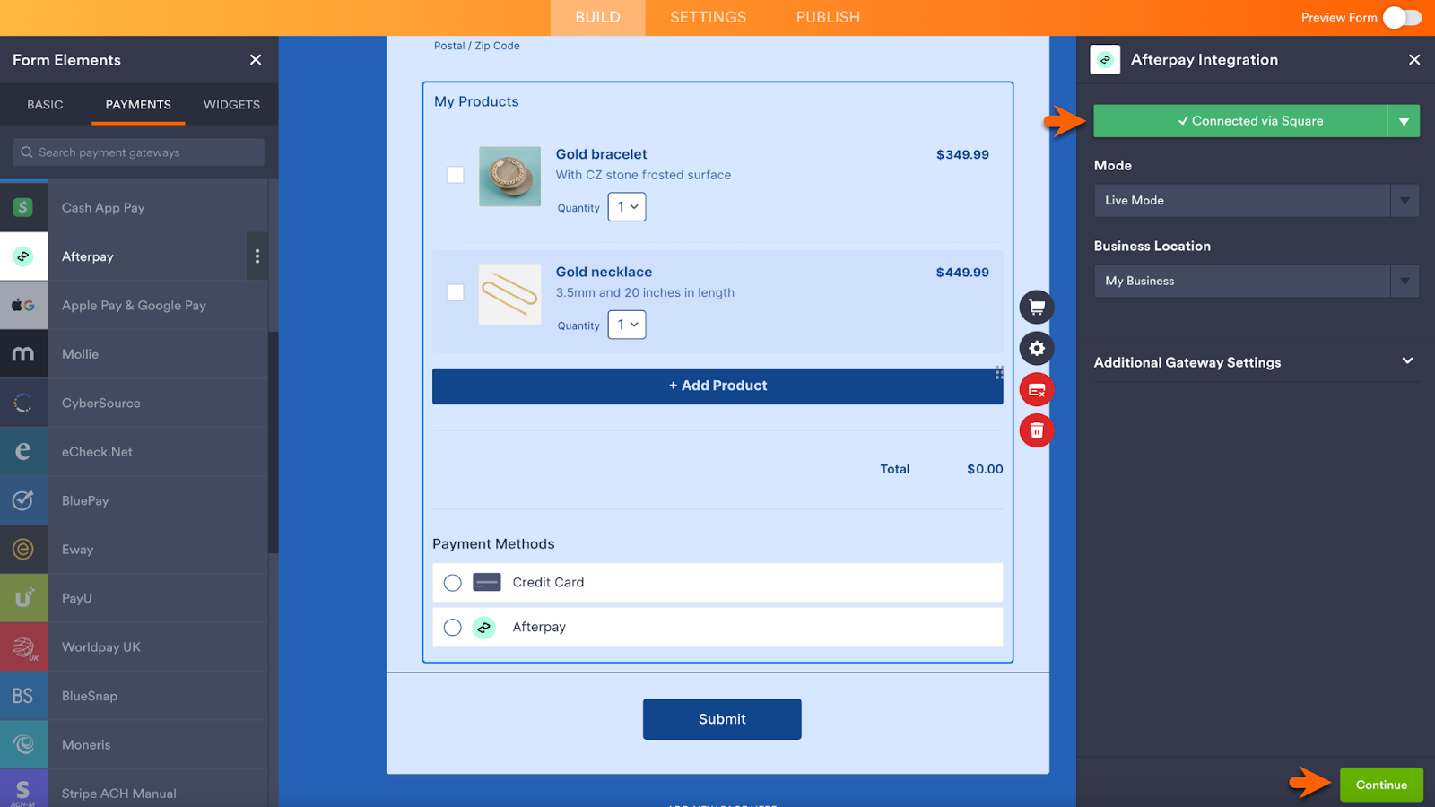 Clicking on Continue after the Afterpay Integration is Connected via Square