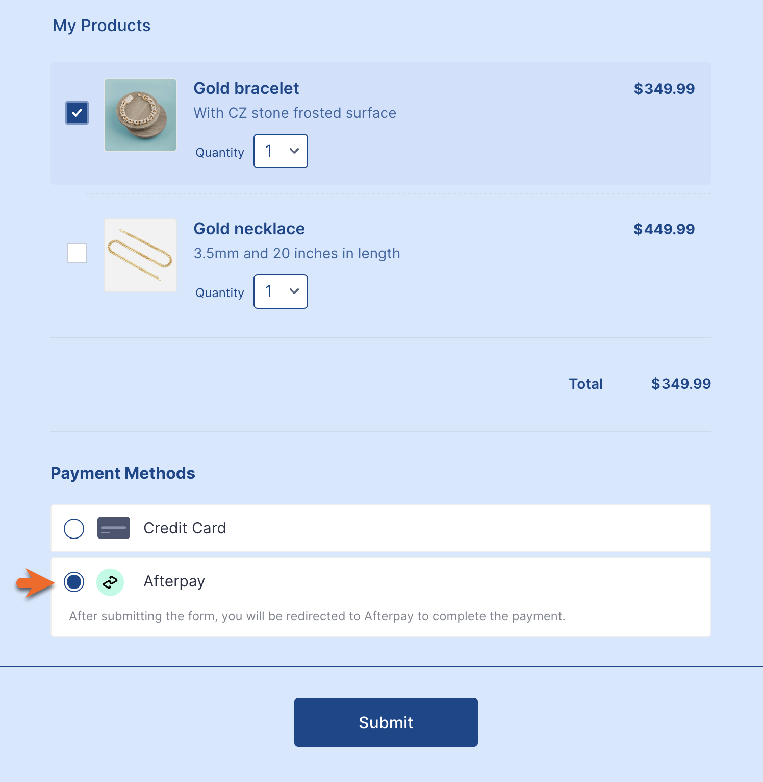 Selecting Afterpay Under the Payment Methods