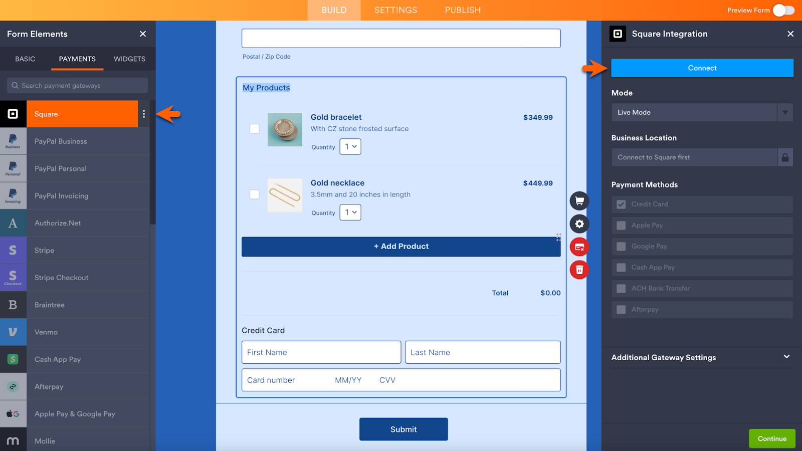 Clicking on Square in the Form Elements, then Clicking on Connect in Square Integration Menu